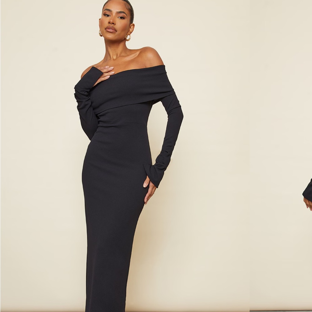 Pretty Little Thing Black Fold Detail Ruched Sleeve Maxi Dress| Size 8
